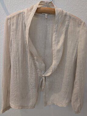 EILEEN FISHER Crinkled 100% Linen Tie Front Shawl Jacket Natural Size L